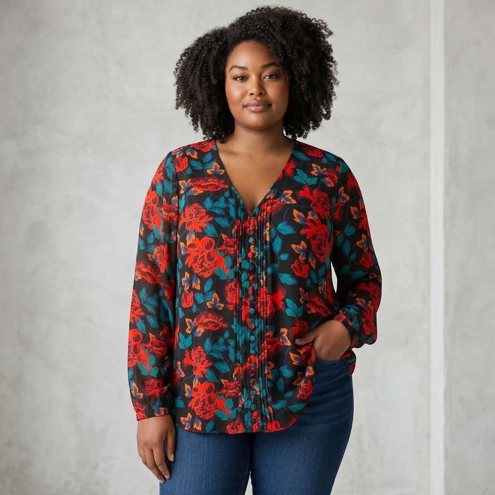 Torrid Blouse Womens Black Red‎ Teal Floral V-Neck Pintuck Plus  0X L Officewear